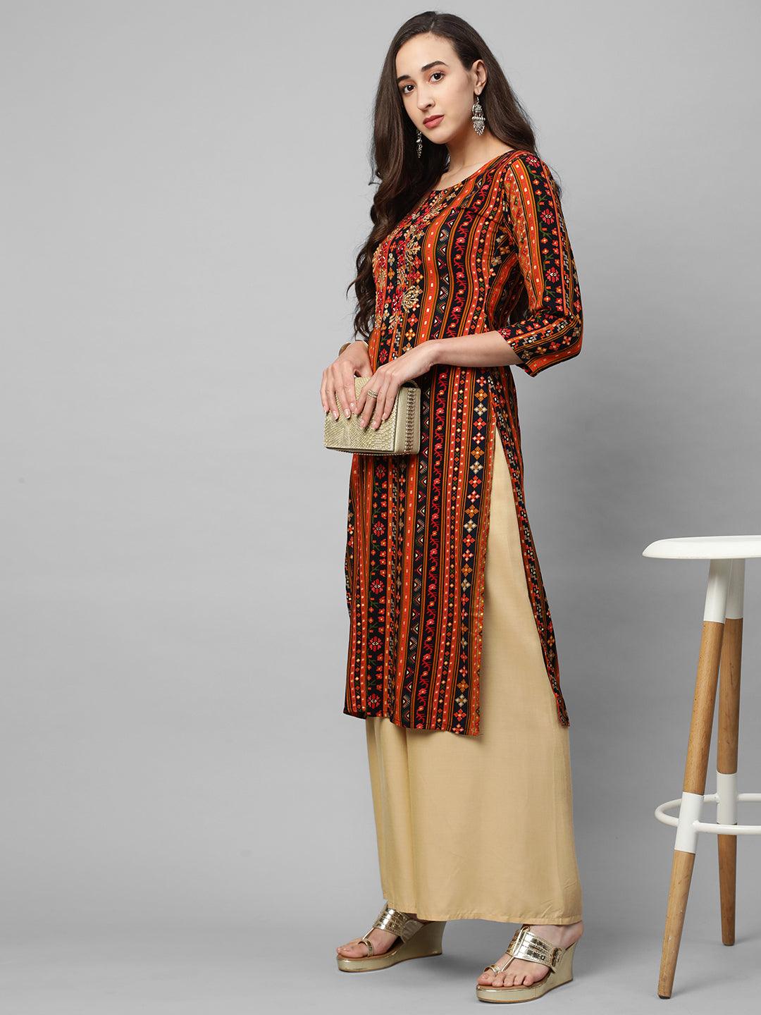 Ethnic Mix Printed & Mirror Embroidered Straight Kurta - Multi - Indiakreations