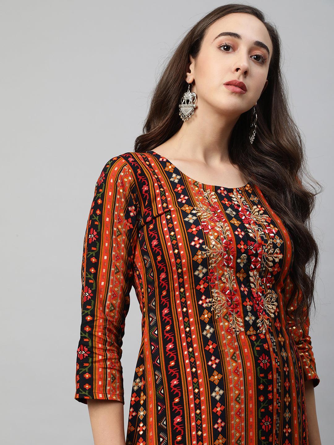 Ethnic Mix Printed & Mirror Embroidered Straight Kurta - Multi - Indiakreations