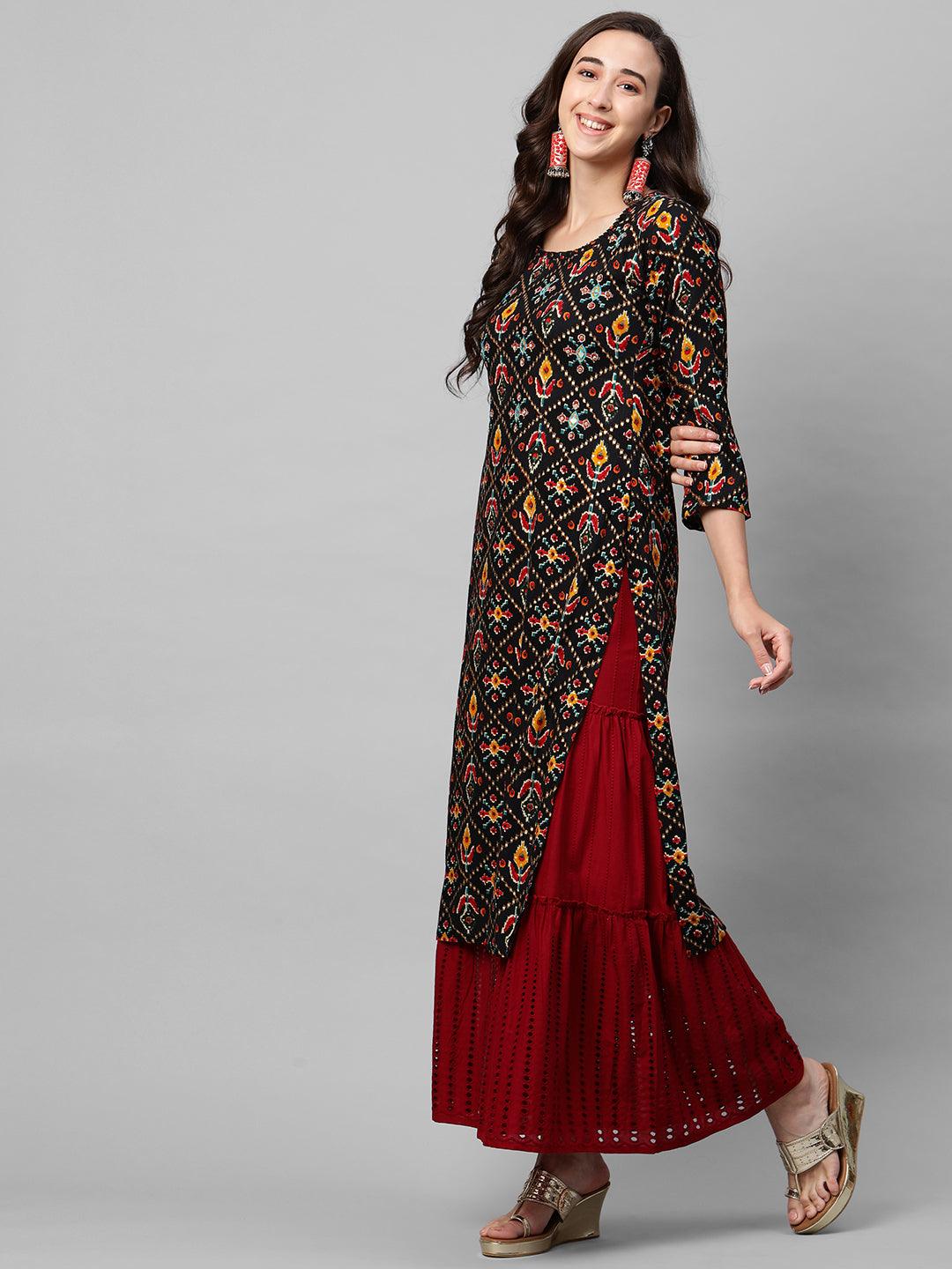 Dense Patola Printed & Minimal Embroidered Straight Kurta - Black - Indiakreations