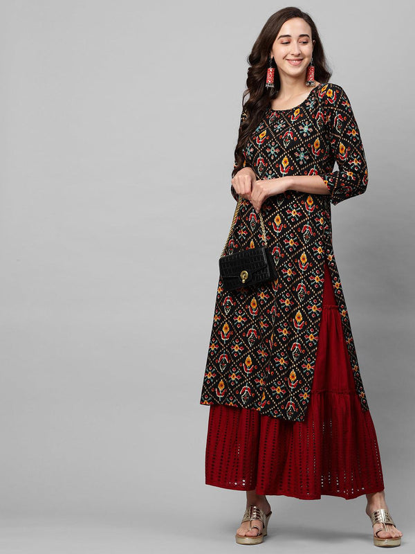 Dense Patola Printed & Minimal Embroidered Straight Kurta - Black - Indiakreations