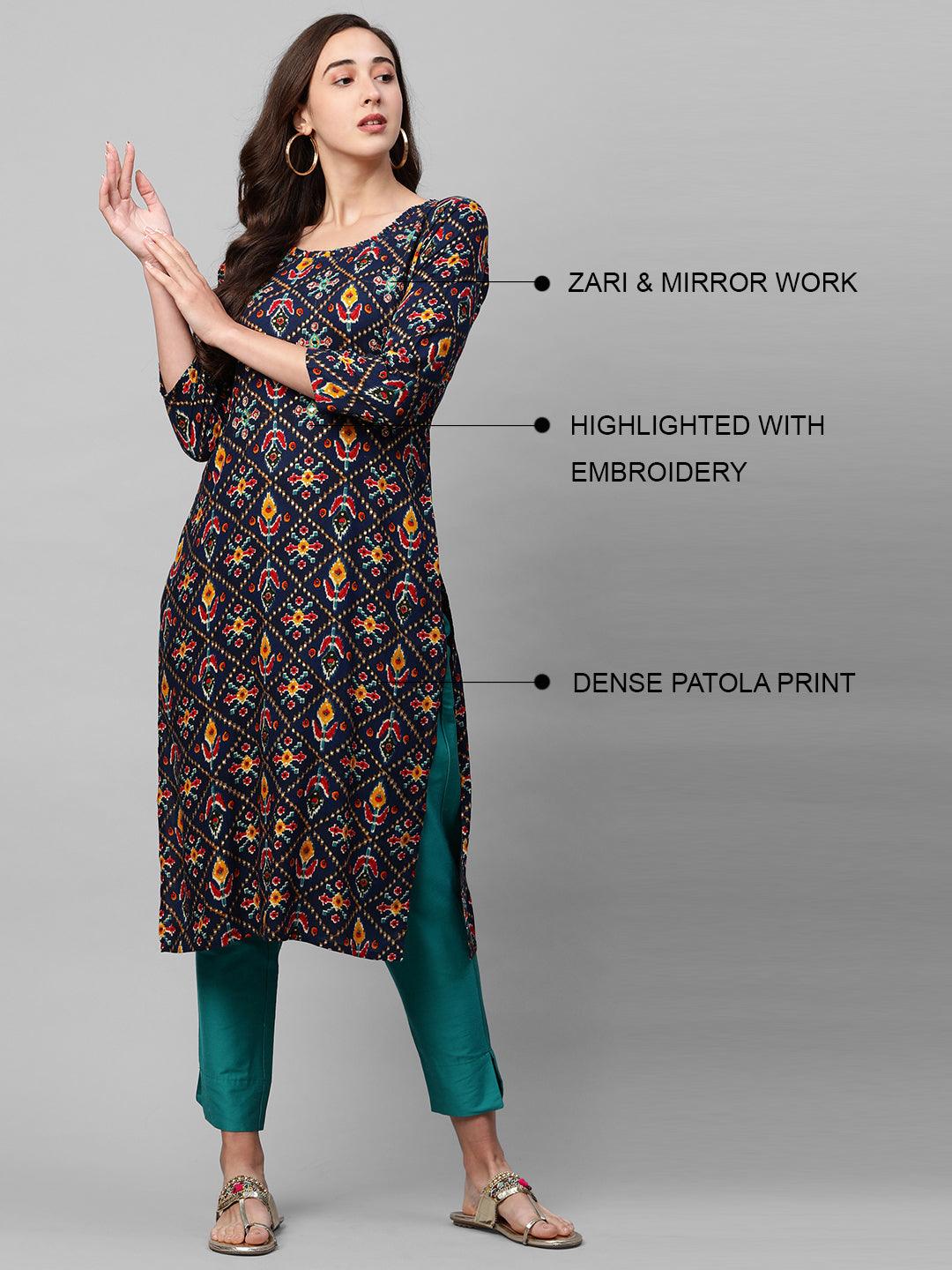 Dense Patola Printed & Minimal Embroidered Straight Kurta - Dark Blue - Indiakreations