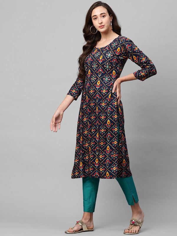 Dense Patola Printed & Minimal Embroidered Straight Kurta - Dark Blue - Indiakreations