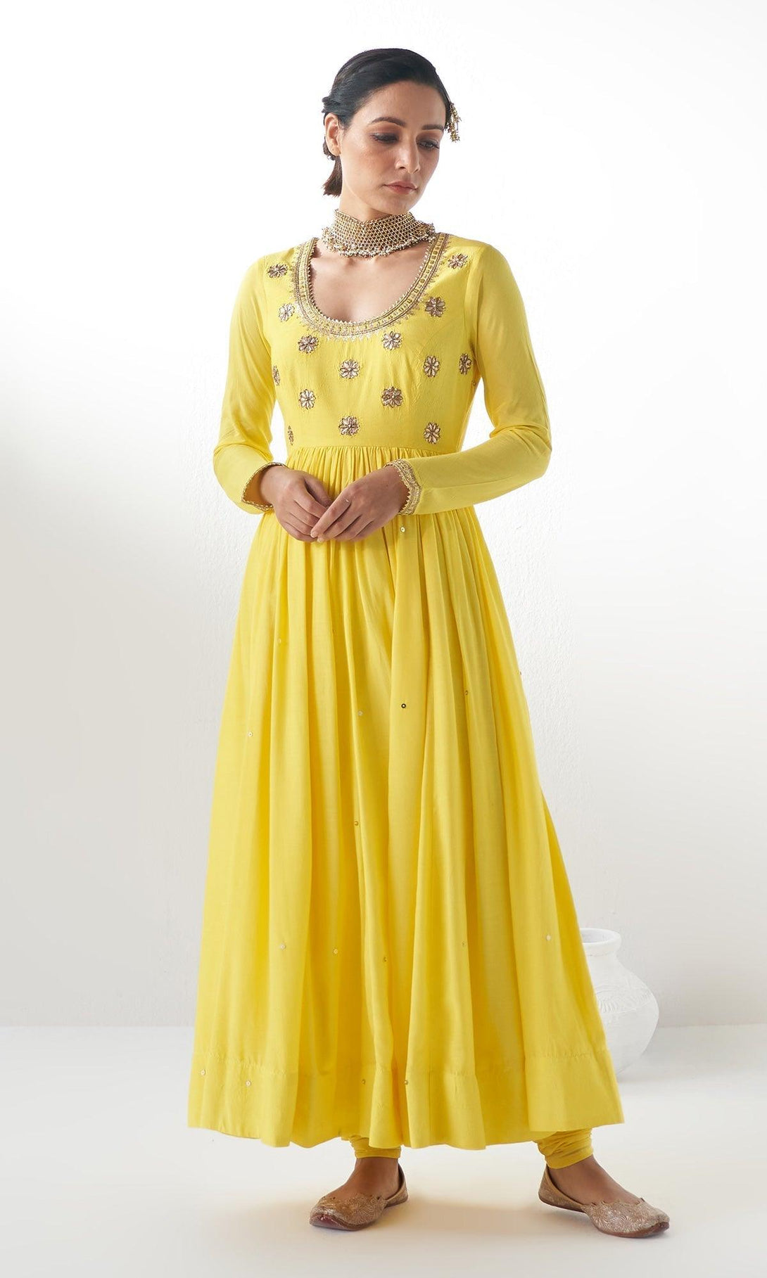 Jahanara Yellow Gota Embroidered Anarkali With Dupatta and Chooridar - Set of 3 - RTS - Indiakreations