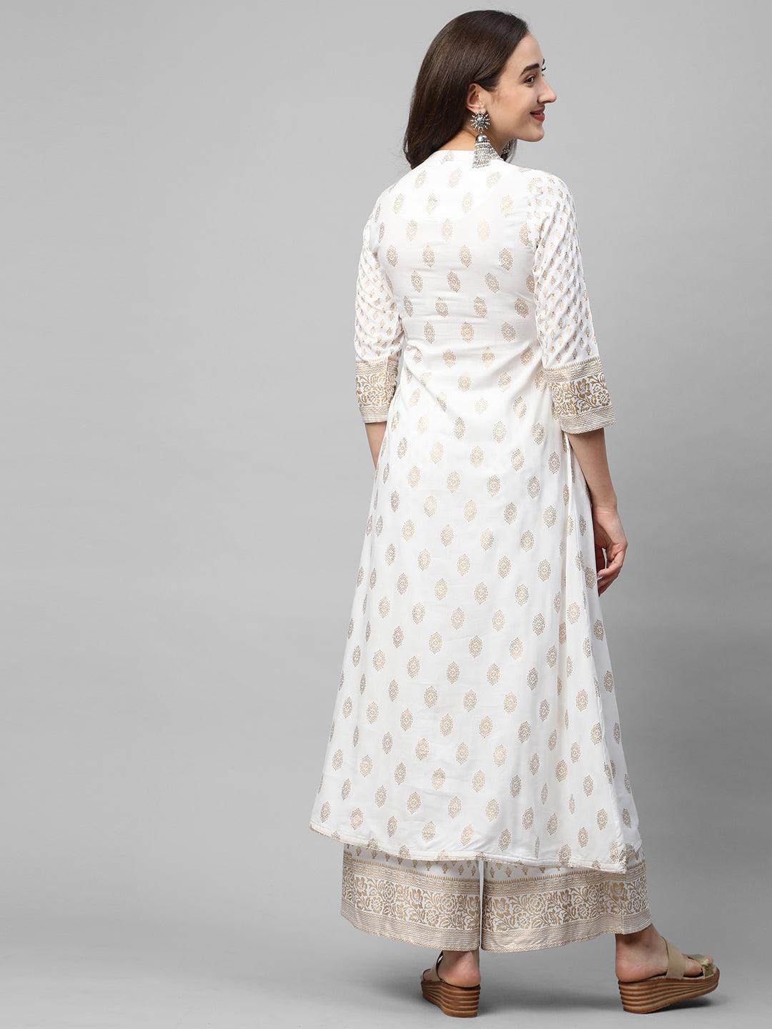 Ethnic foil Printed A-Line Kurta with Foil Printed Palazzo - White - Indiakreations