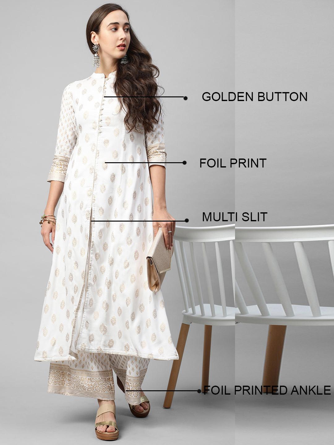 Ethnic foil Printed A-Line Kurta with Foil Printed Palazzo - White - Indiakreations