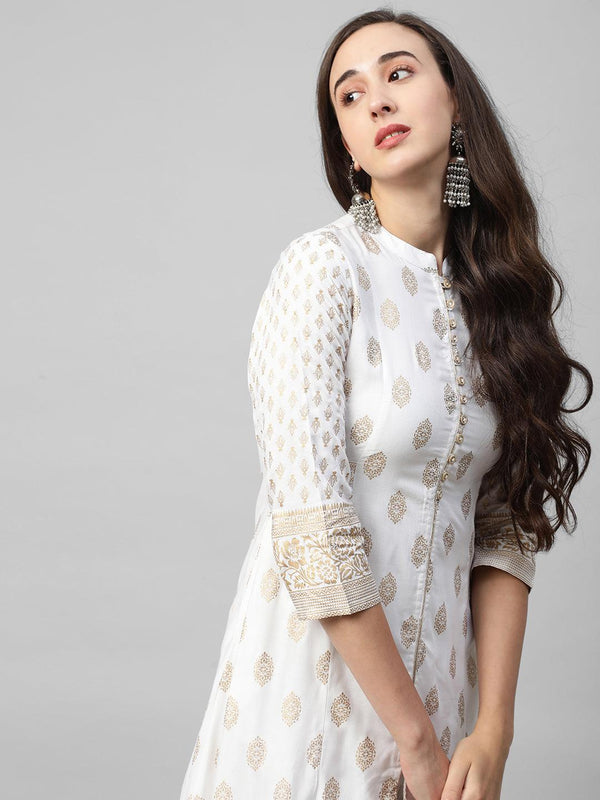 Ethnic foil Printed A-Line Kurta with Foil Printed Palazzo - White - Indiakreations