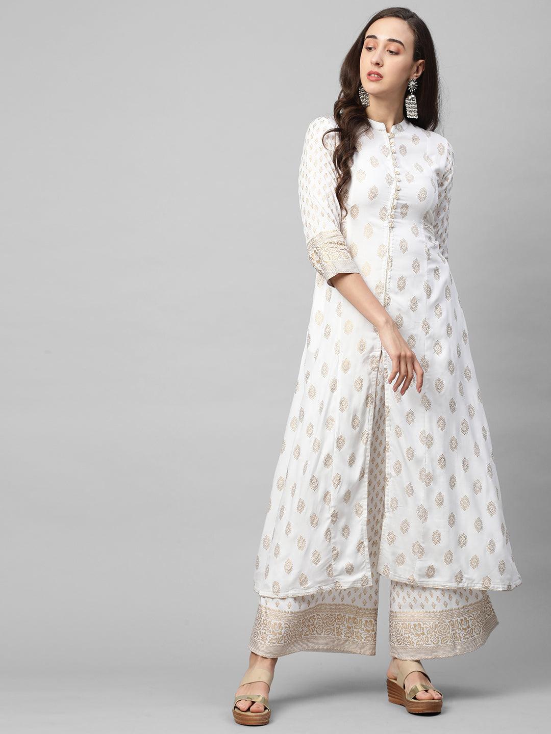 Ethnic foil Printed A-Line Kurta with Foil Printed Palazzo - White - Indiakreations