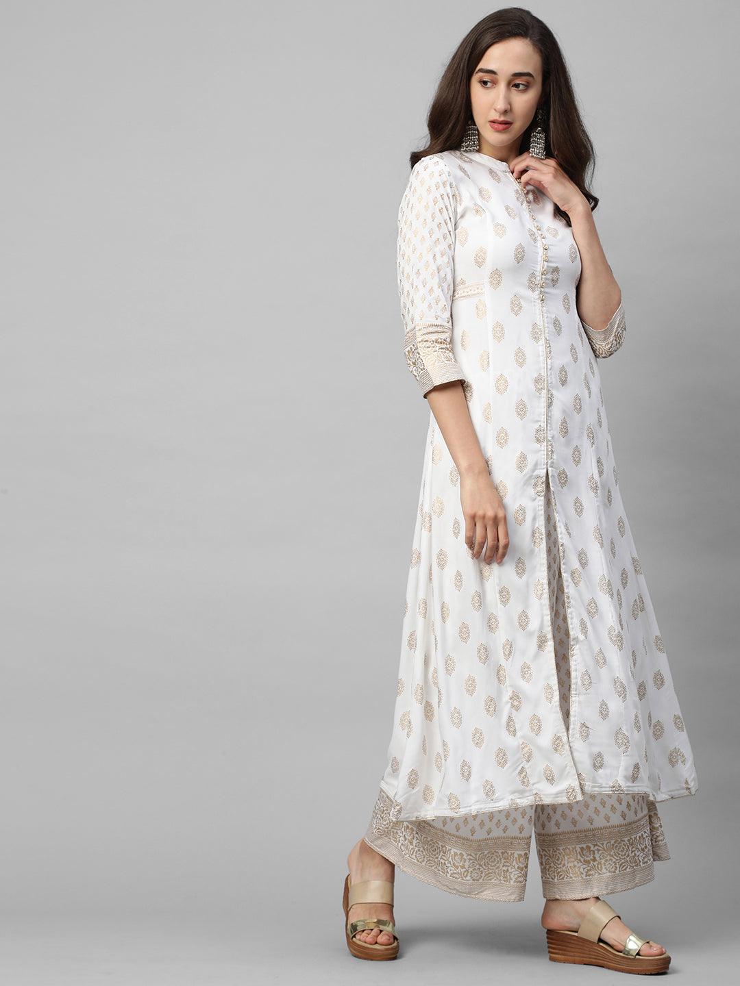 Ethnic foil Printed A-Line Kurta with Foil Printed Palazzo - White - Indiakreations