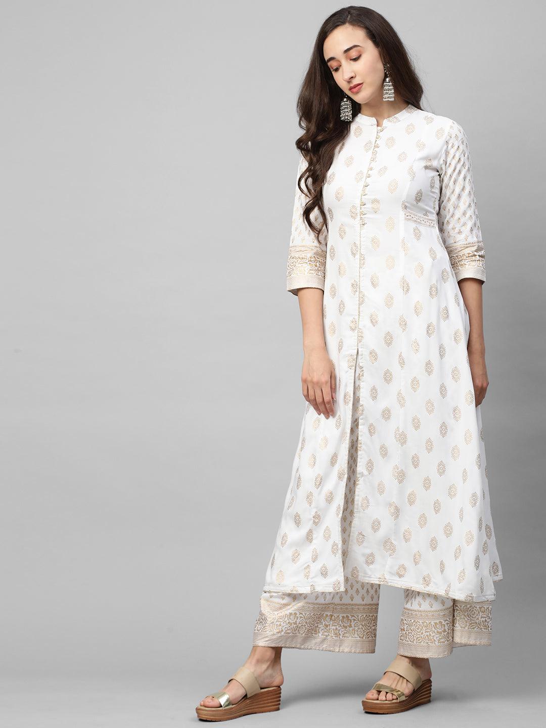 Ethnic foil Printed A-Line Kurta with Foil Printed Palazzo - White - Indiakreations