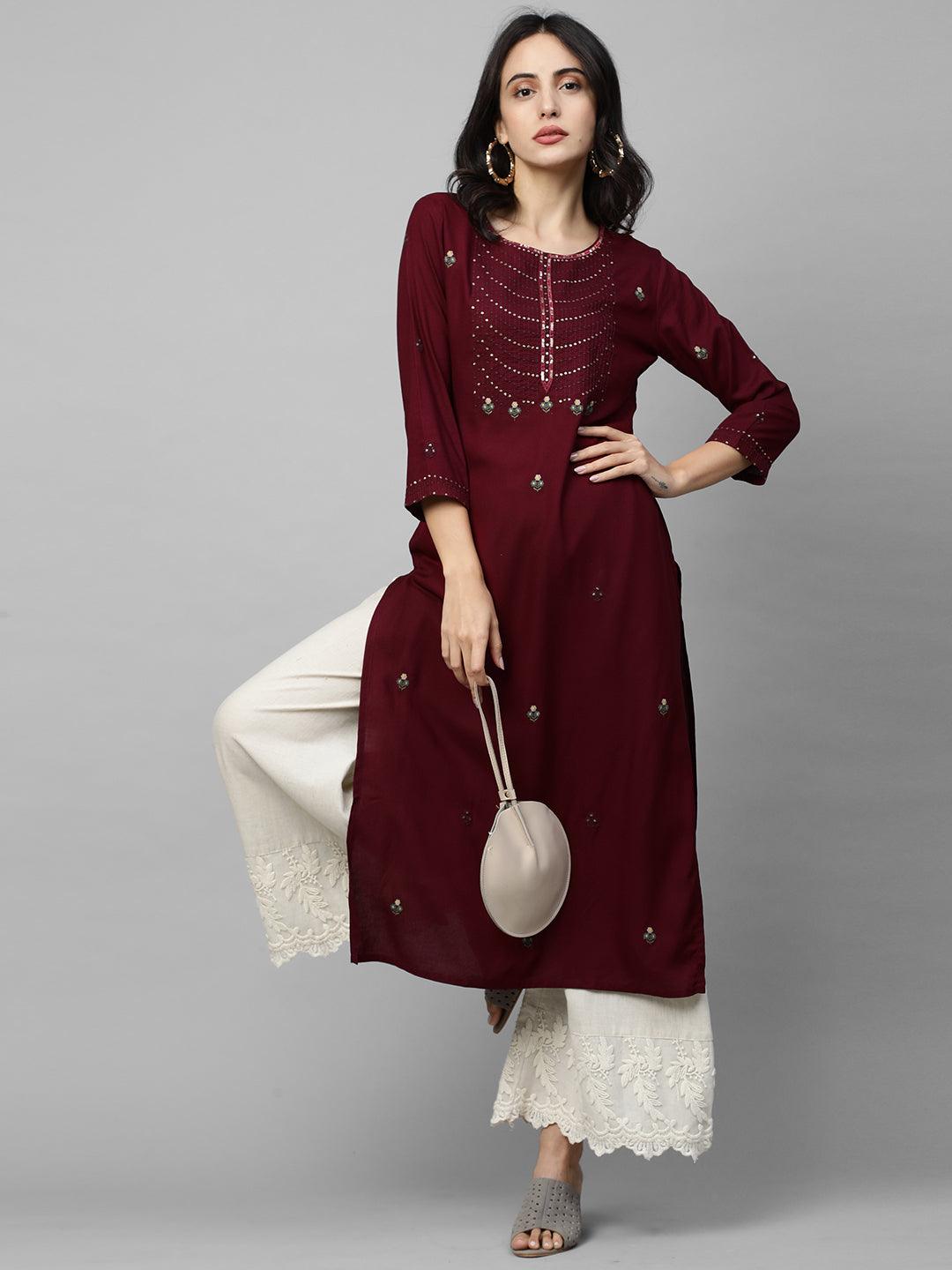 Floral & Sequins Embroidered Straight Kurta - Burgundy - Indiakreations