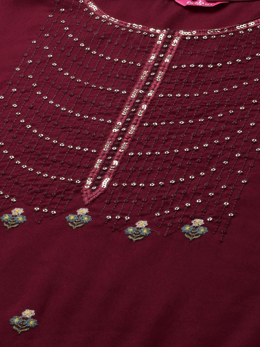 Floral & Sequins Embroidered Straight Kurta - Burgundy - Indiakreations