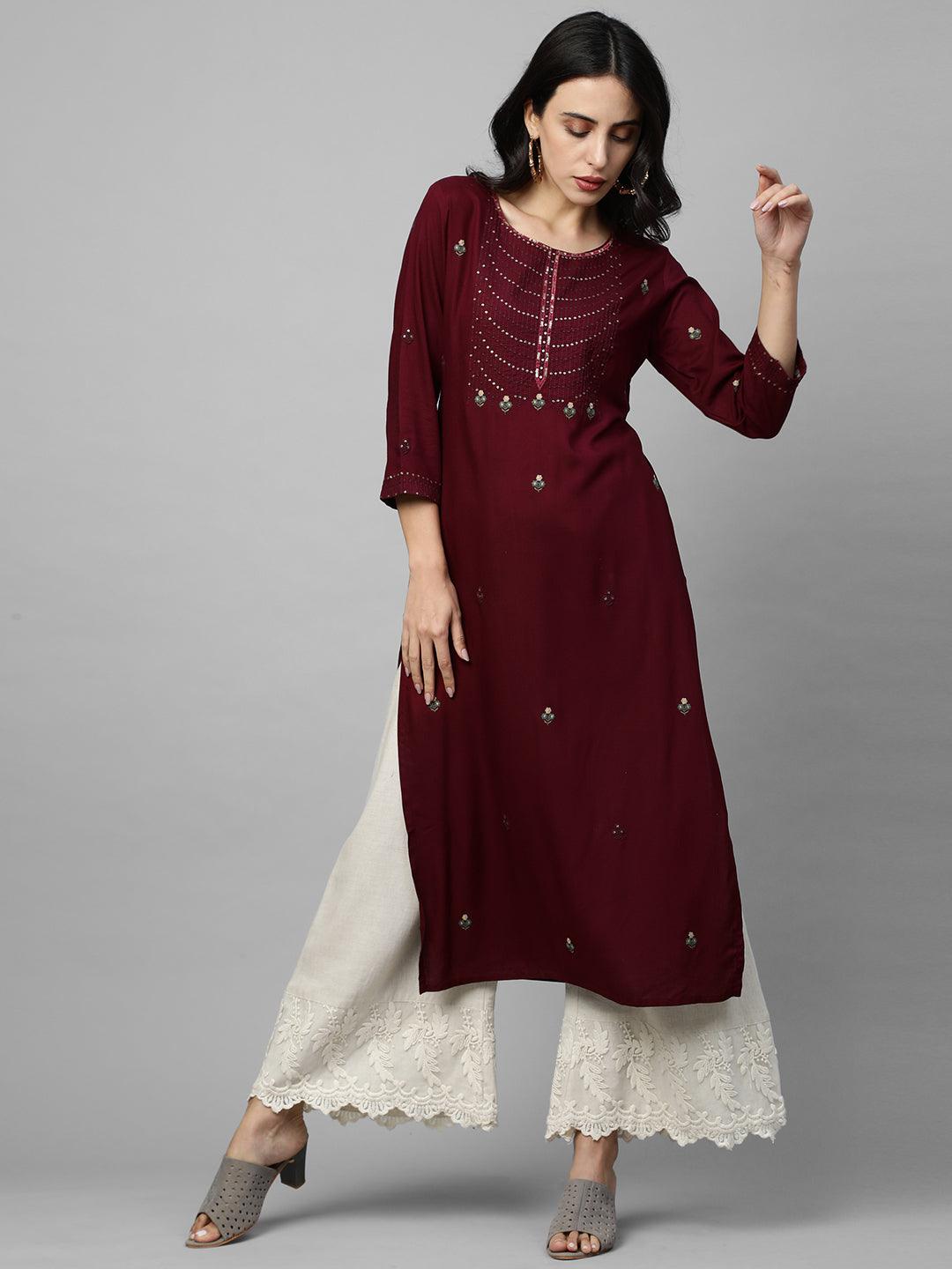 Floral & Sequins Embroidered Straight Kurta - Burgundy - Indiakreations