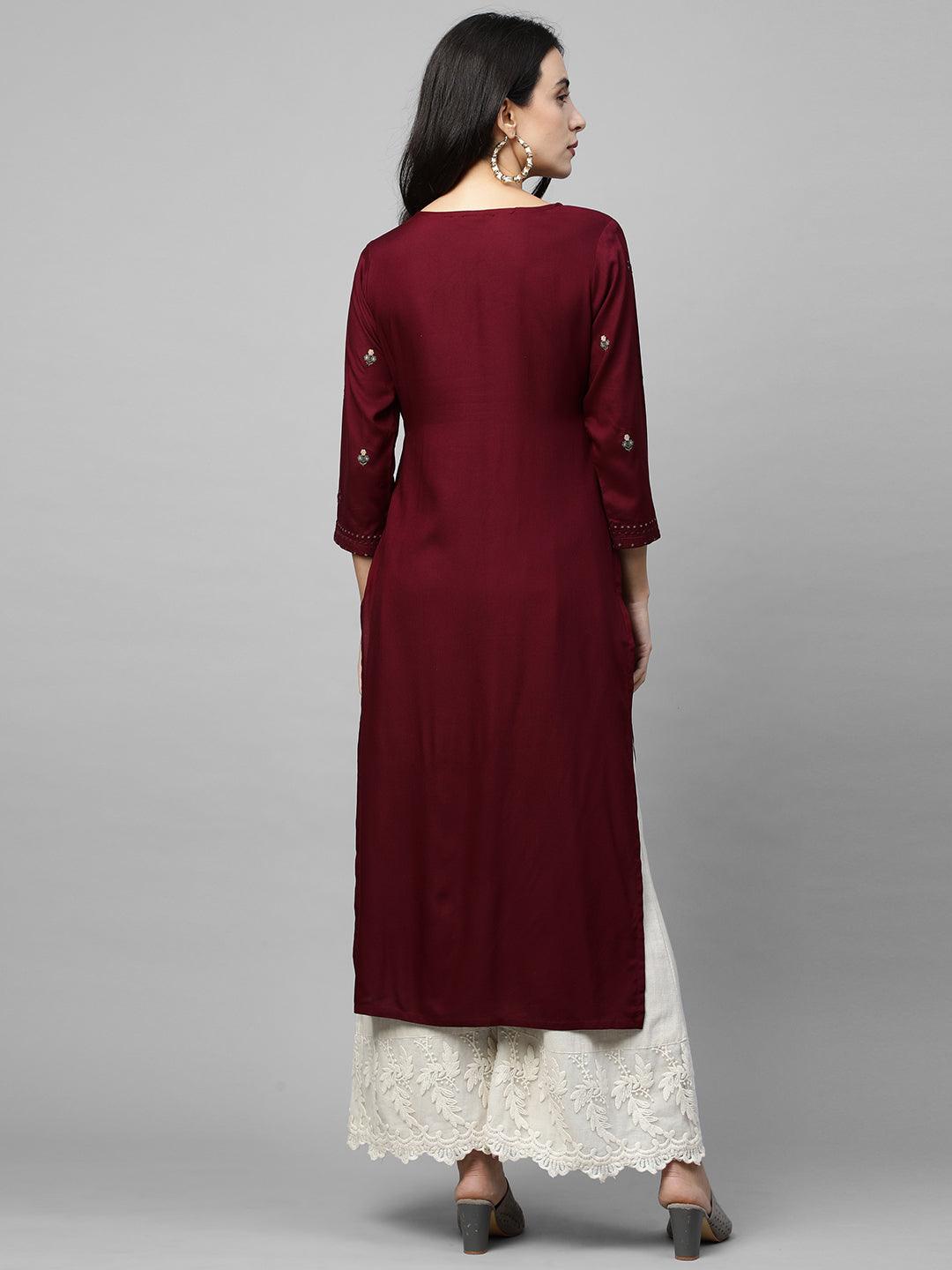 Floral & Sequins Embroidered Straight Kurta - Burgundy - Indiakreations