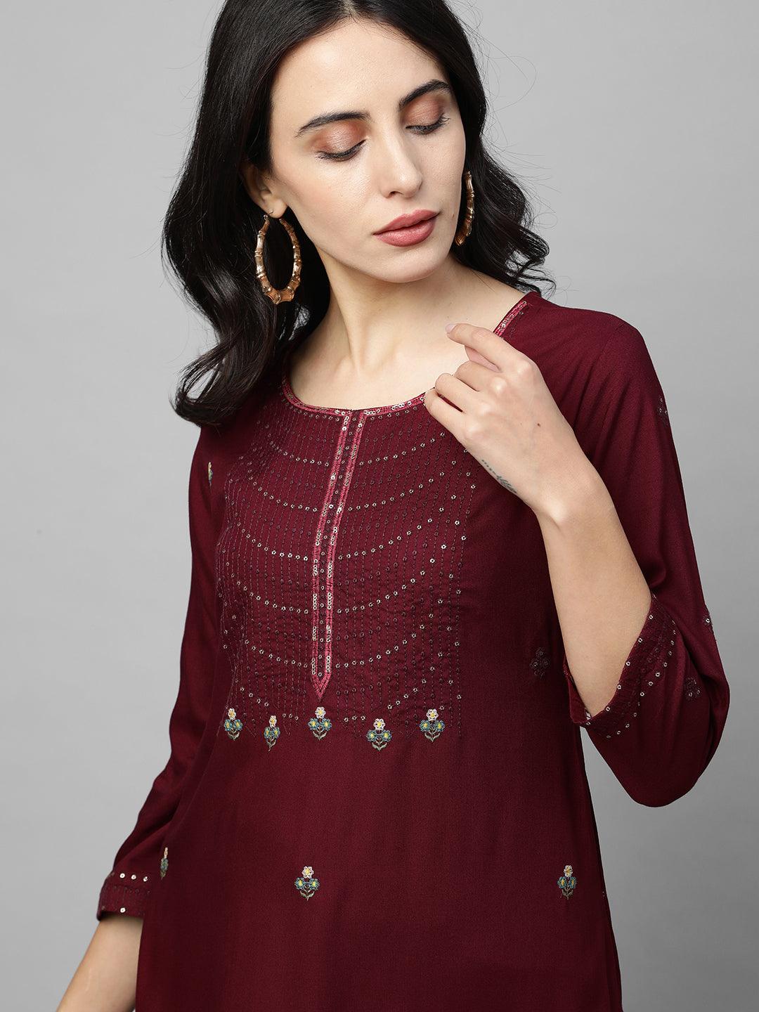 Floral & Sequins Embroidered Straight Kurta - Burgundy - Indiakreations