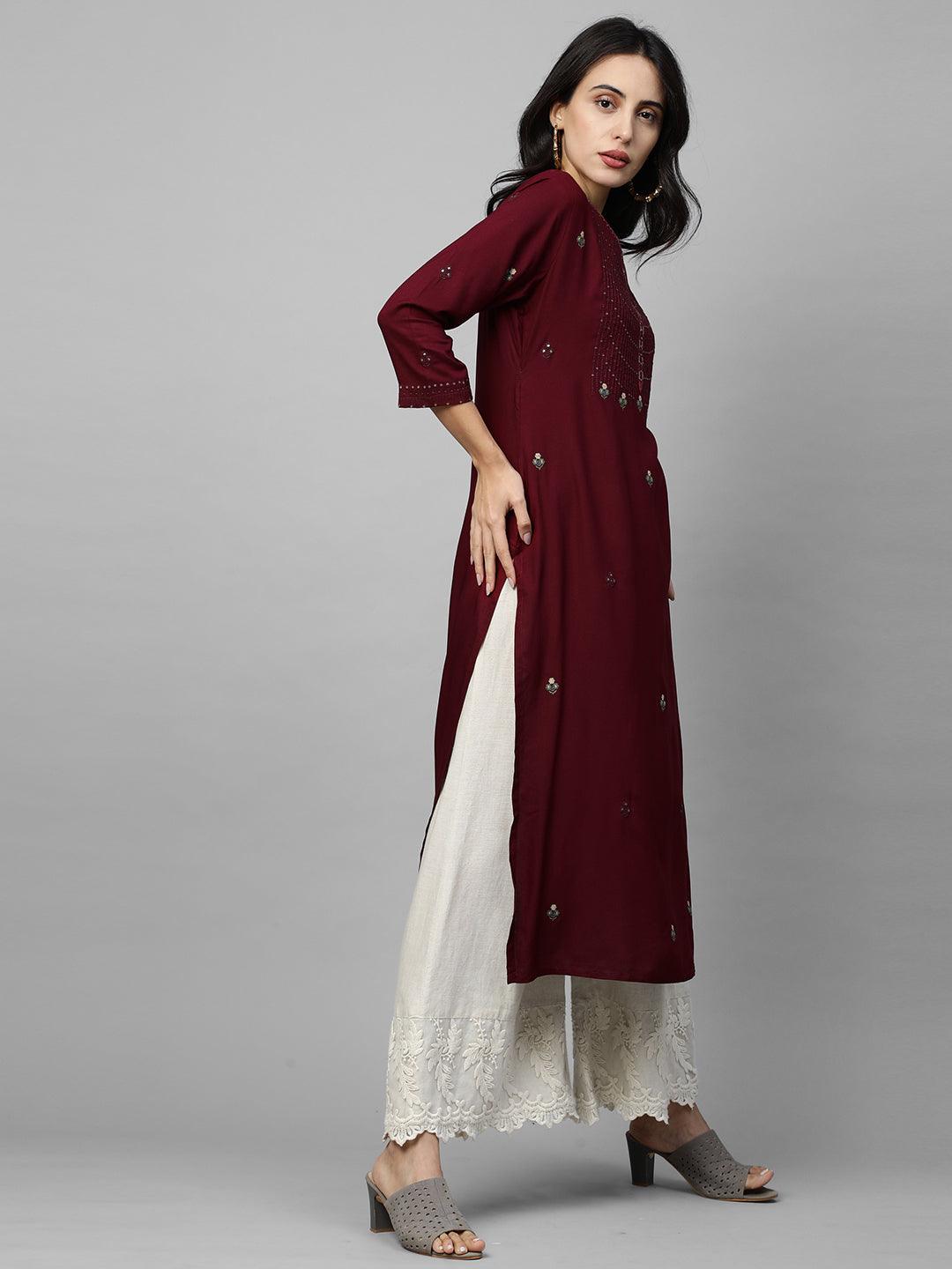 Floral & Sequins Embroidered Straight Kurta - Burgundy - Indiakreations