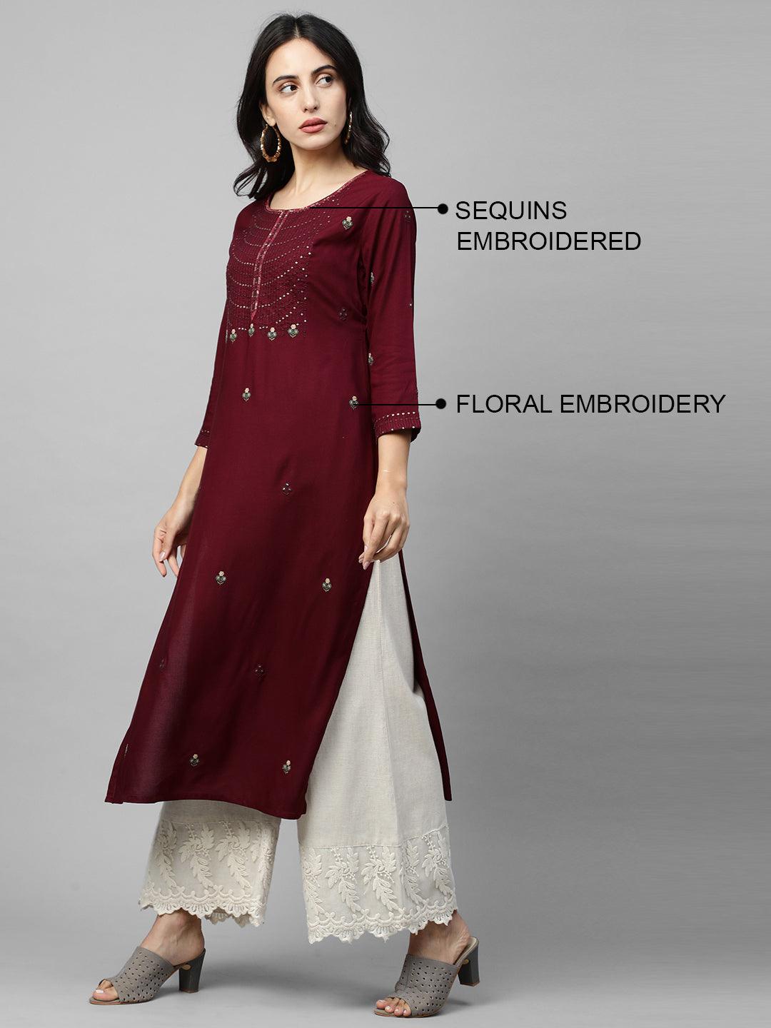 Floral & Sequins Embroidered Straight Kurta - Burgundy - Indiakreations