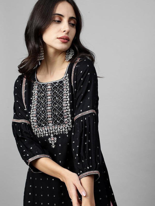 Foil Printed & Ethnic Embroidered Straight Kurta - Black - Indiakreations