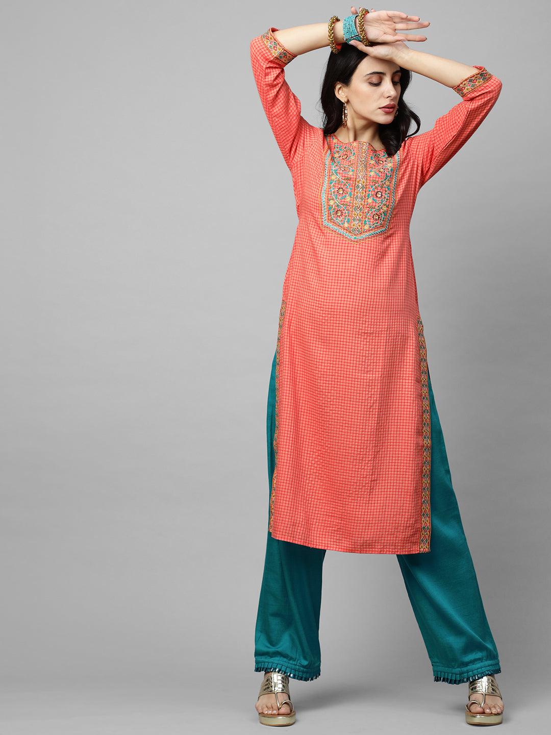 Woven Checks & Floral Embroidered Straight Kurta - Peach - Indiakreations