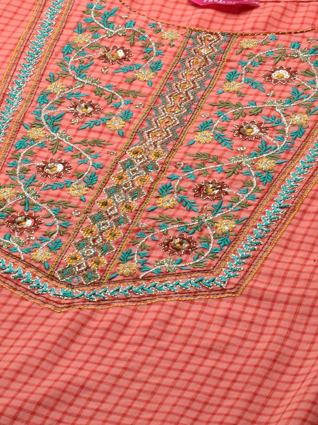 Woven Checks & Floral Embroidered Straight Kurta - Peach - Indiakreations