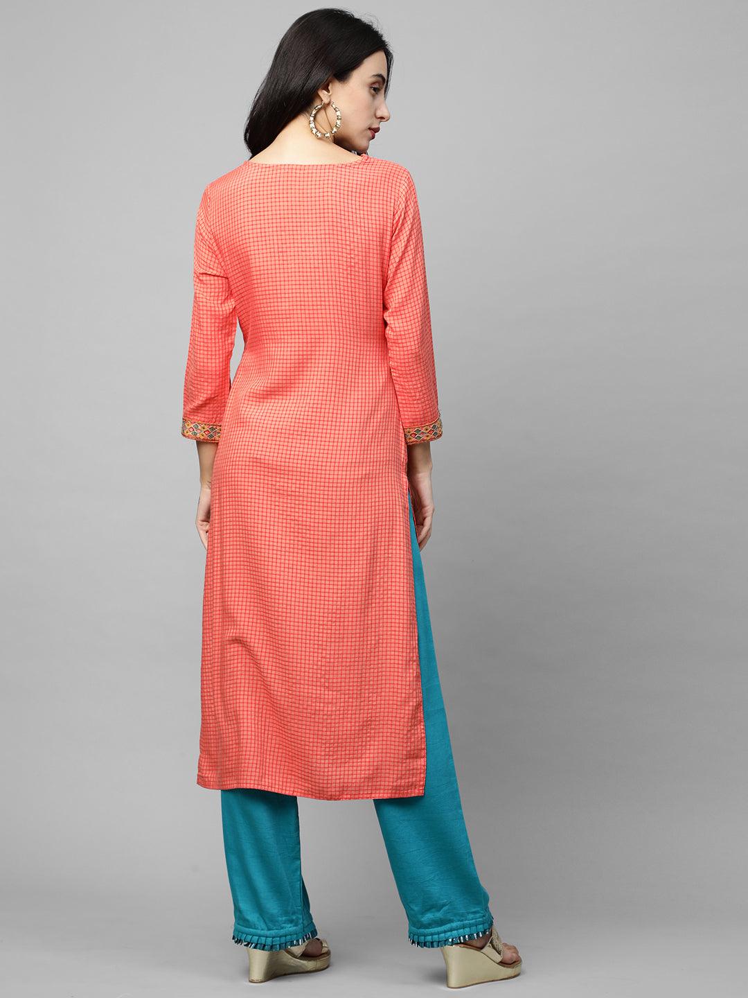 Woven Checks & Floral Embroidered Straight Kurta - Peach - Indiakreations