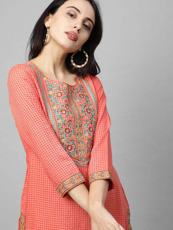 Woven Checks & Floral Embroidered Straight Kurta - Peach - Indiakreations