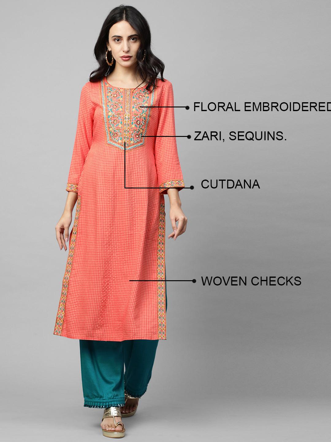 Woven Checks & Floral Embroidered Straight Kurta - Peach - Indiakreations