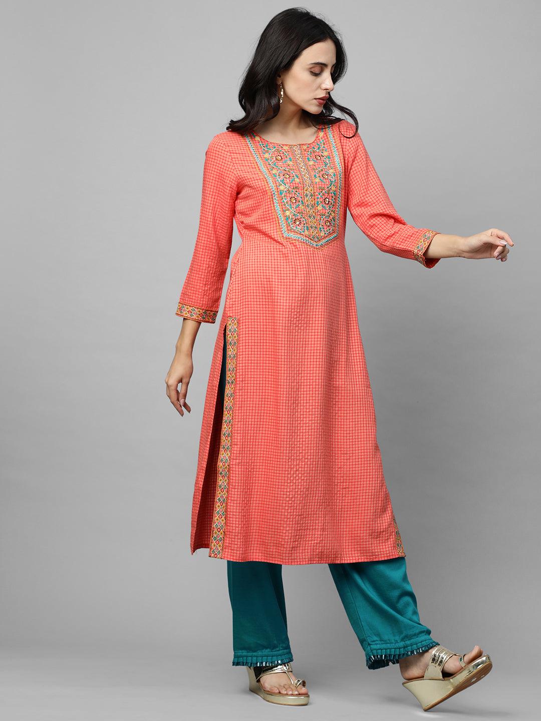 Woven Checks & Floral Embroidered Straight Kurta - Peach - Indiakreations