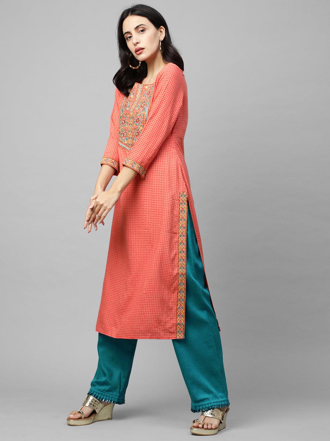 Woven Checks & Floral Embroidered Straight Kurta - Peach - Indiakreations