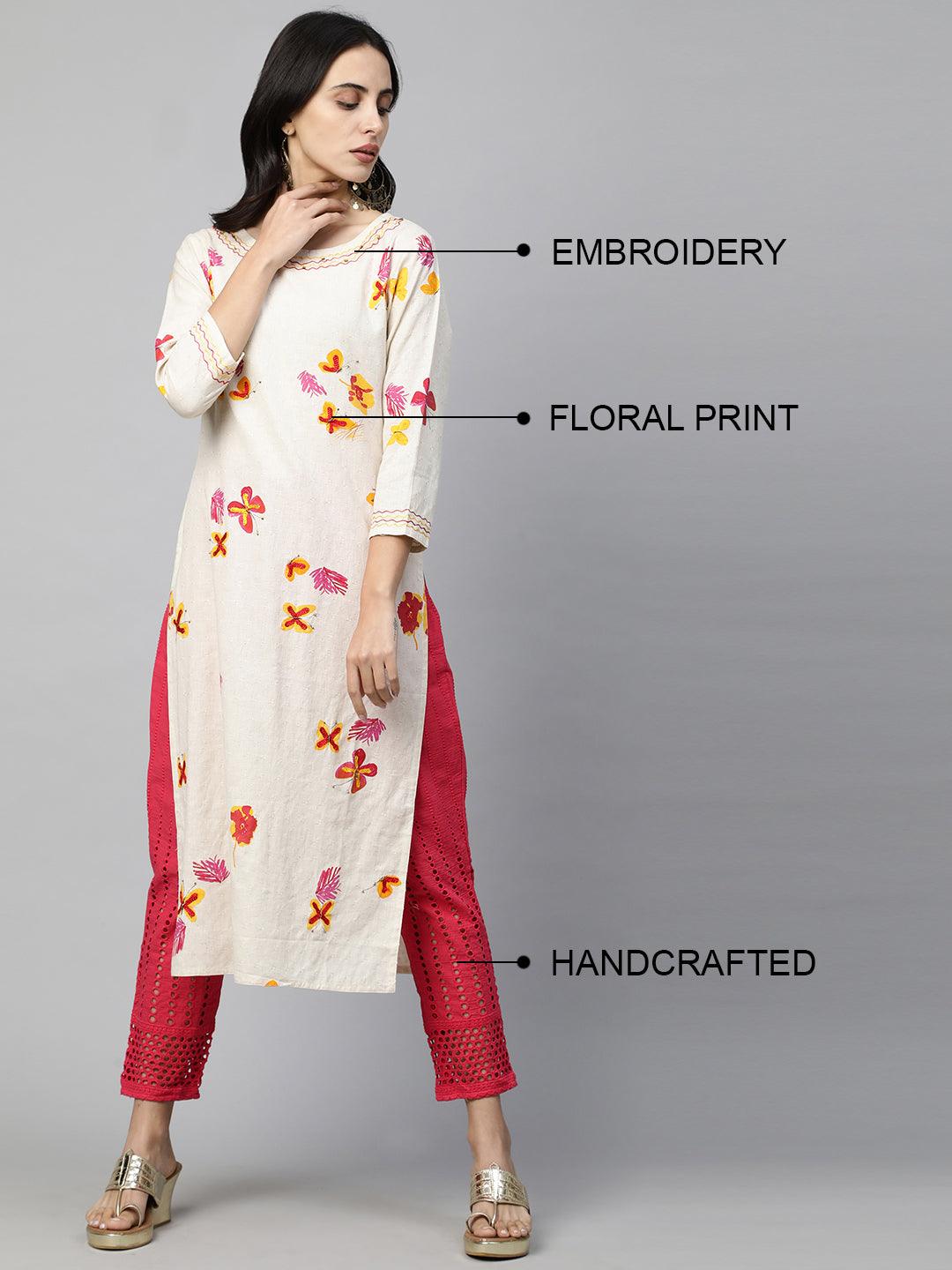 Floral Printed Kurta & Handcrafted Pant - Off White - Indiakreations