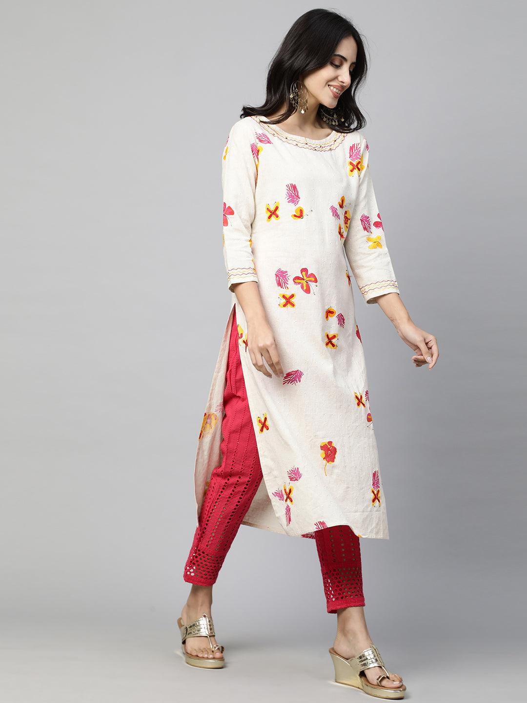 Floral Printed Kurta & Handcrafted Pant - Off White - Indiakreations