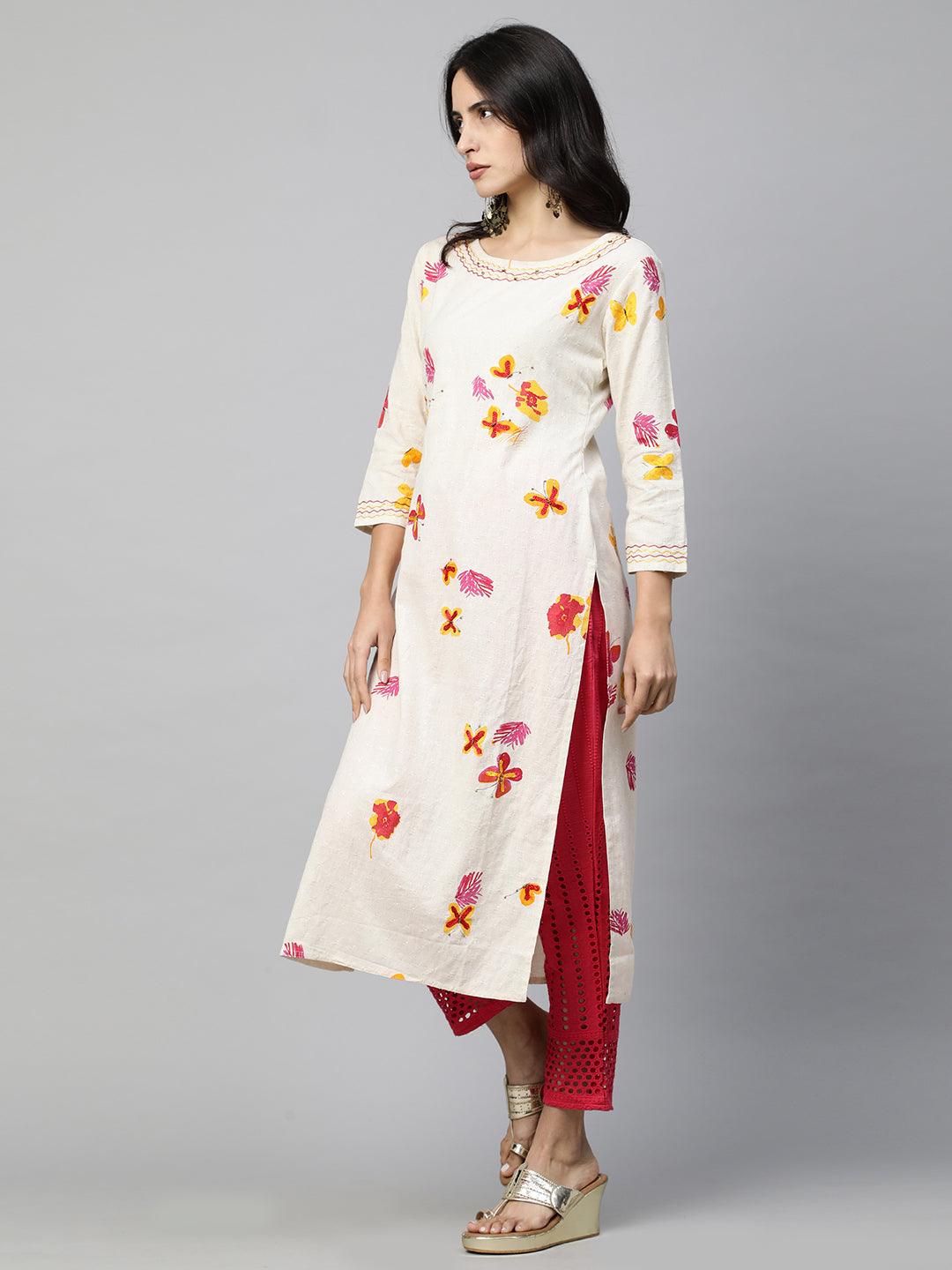 Floral Printed Kurta & Handcrafted Pant - Off White - Indiakreations