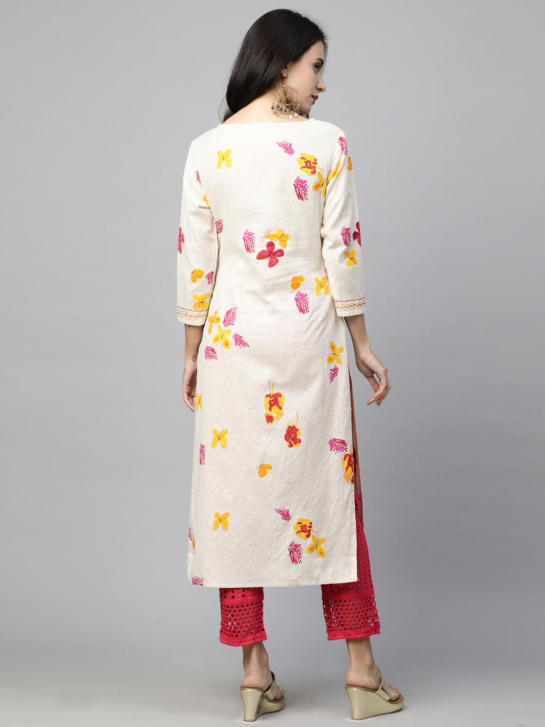 Floral Printed Kurta & Handcrafted Pant - Off White - Indiakreations