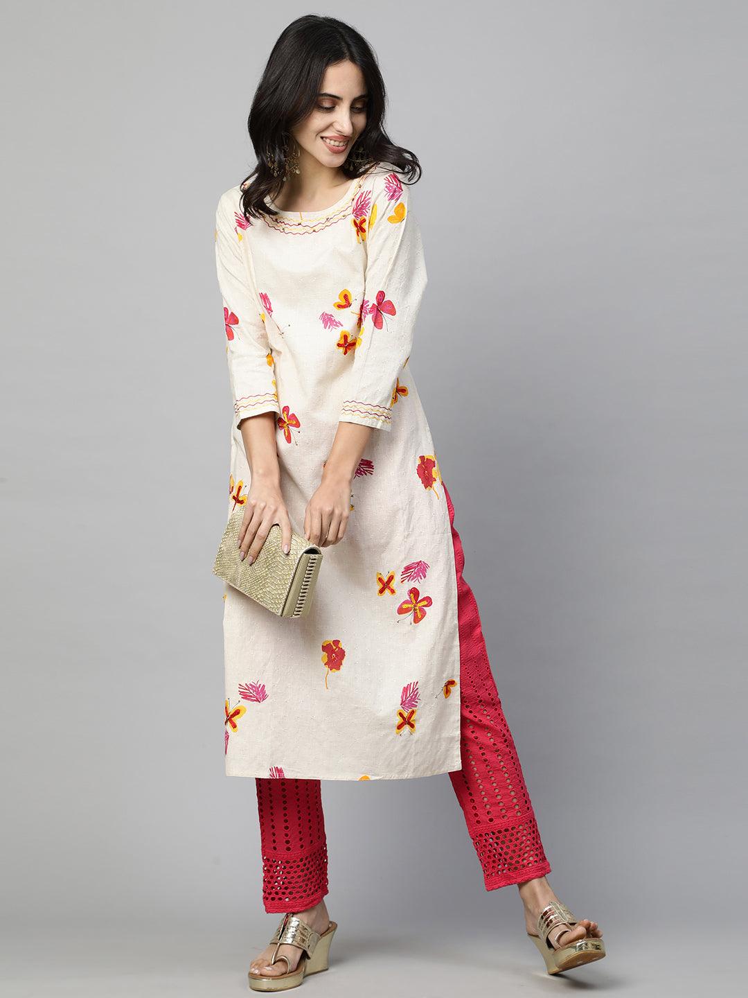 Floral Printed Kurta & Handcrafted Pant - Off White - Indiakreations