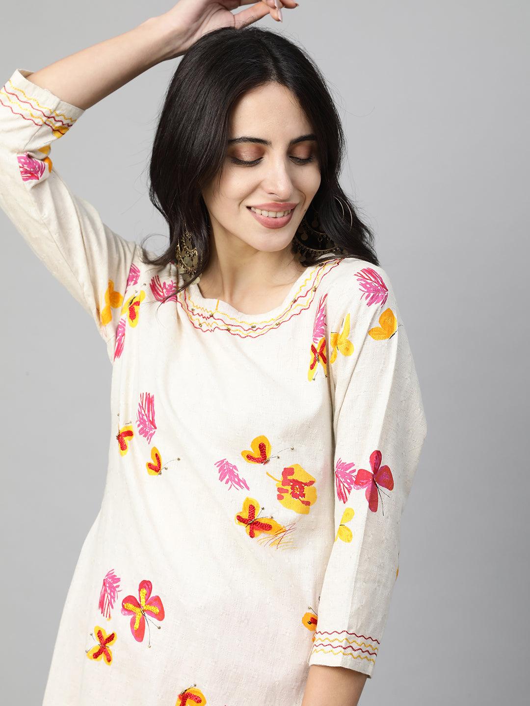 Floral Printed Kurta & Handcrafted Pant - Off White - Indiakreations