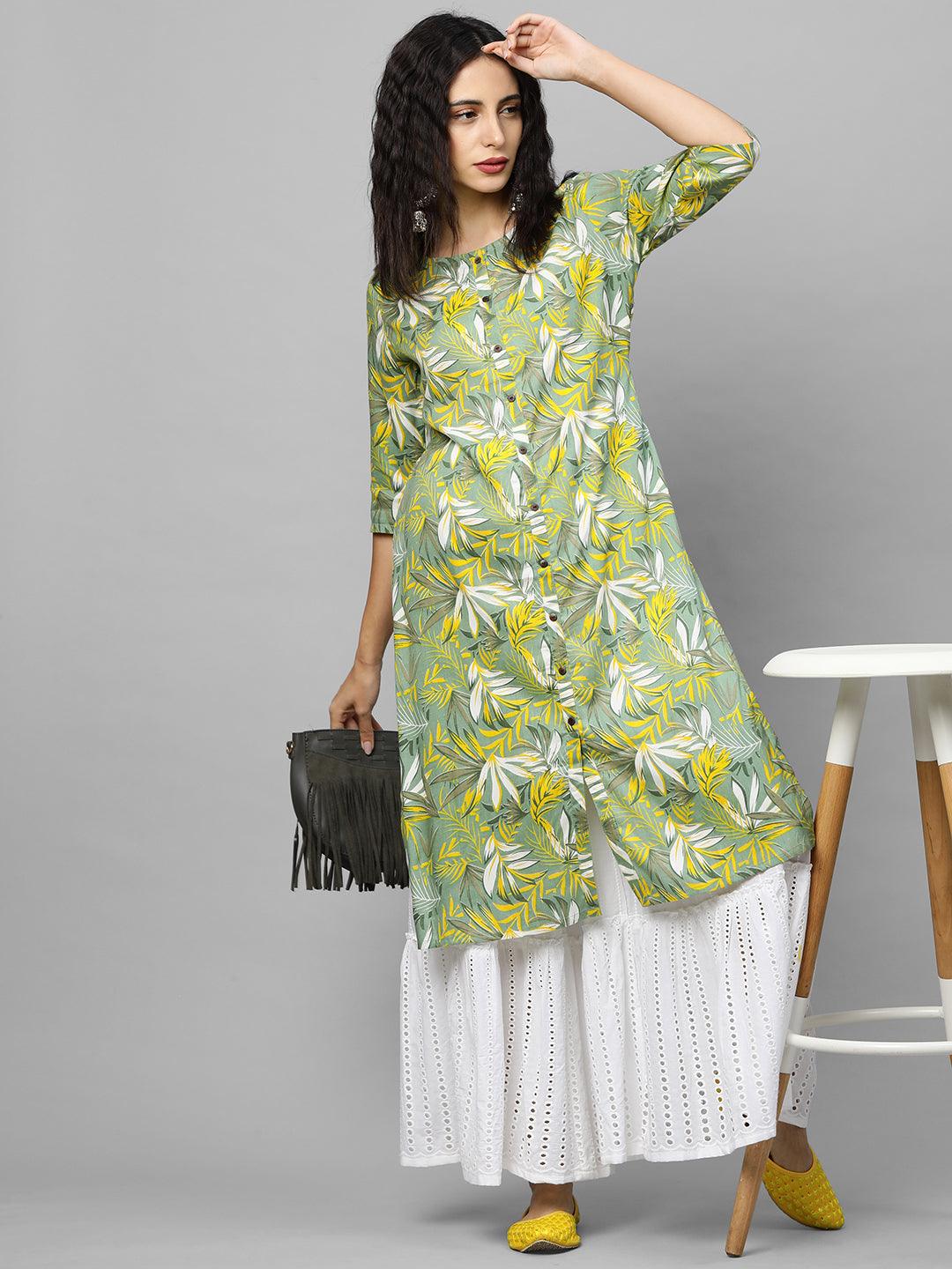 Dense Tropical Printed Straight Kurta – Green - Indiakreations