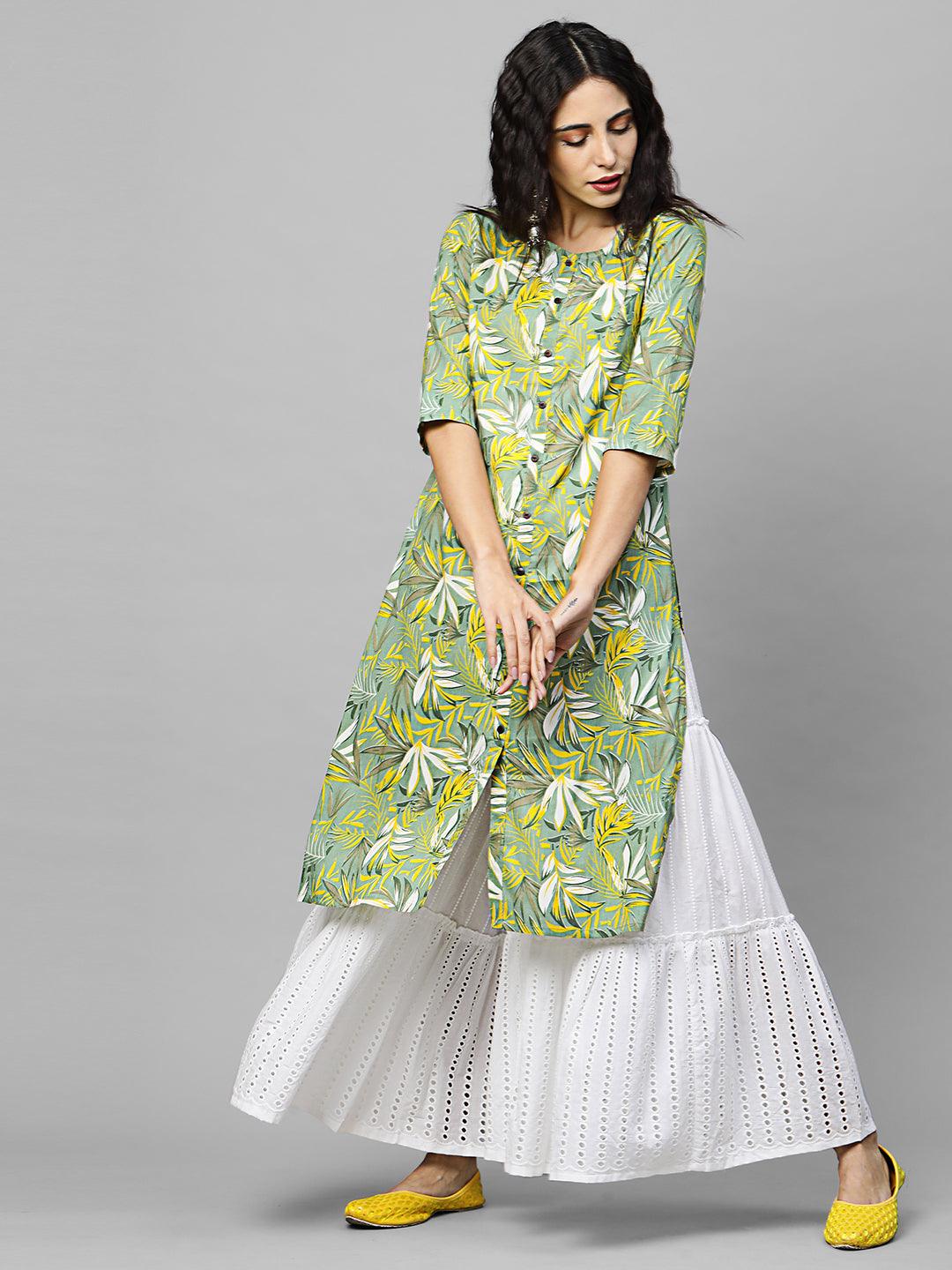 Dense Tropical Printed Straight Kurta – Green - Indiakreations