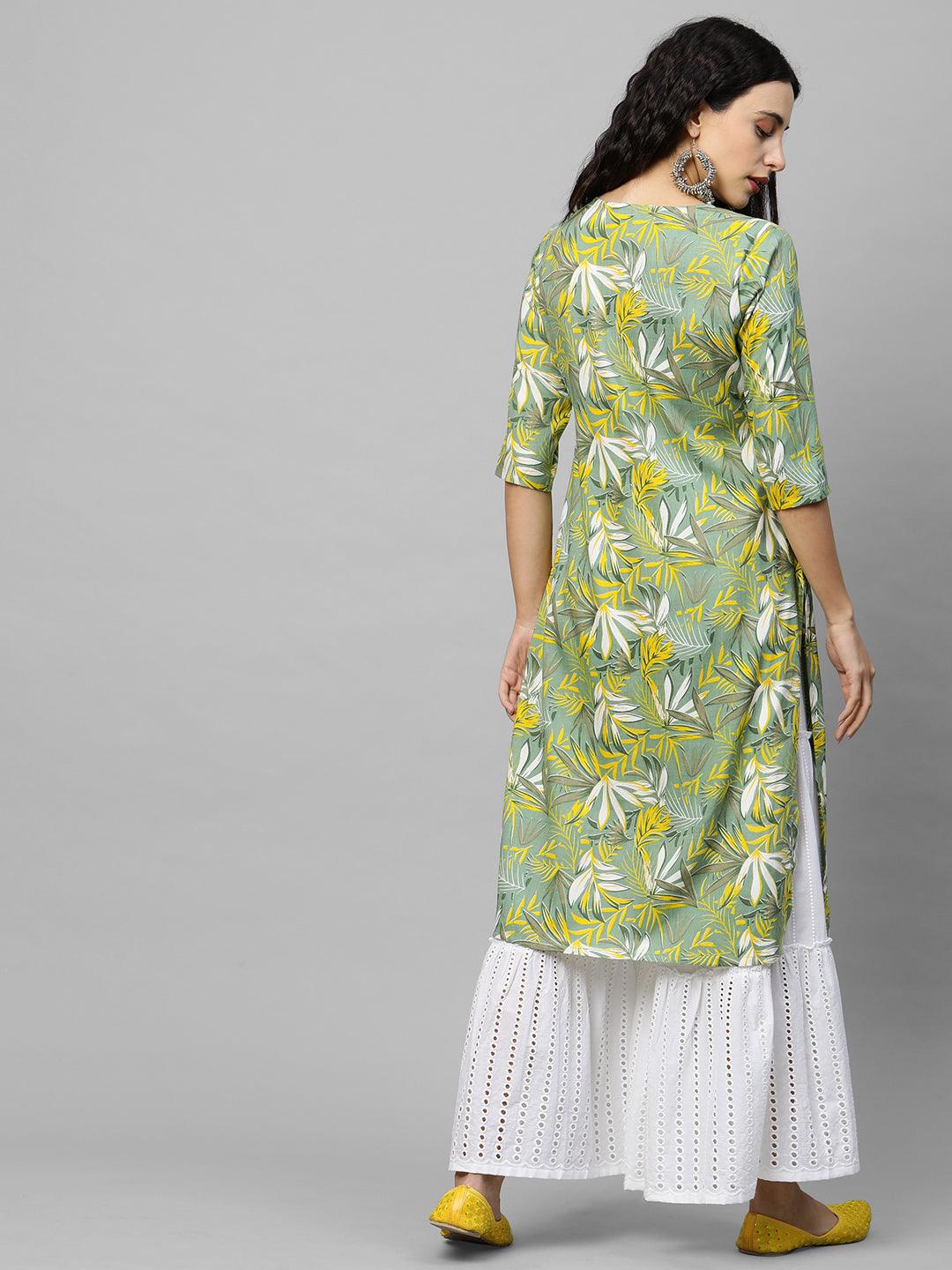 Dense Tropical Printed Straight Kurta – Green - Indiakreations