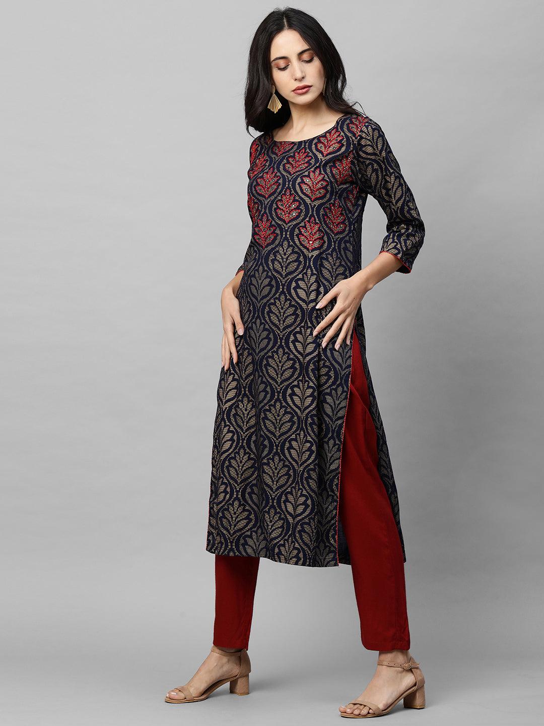 Ethnic Dense Foil Printed & Kantha Embroidered Straight Kurta - Navy Blue - Indiakreations