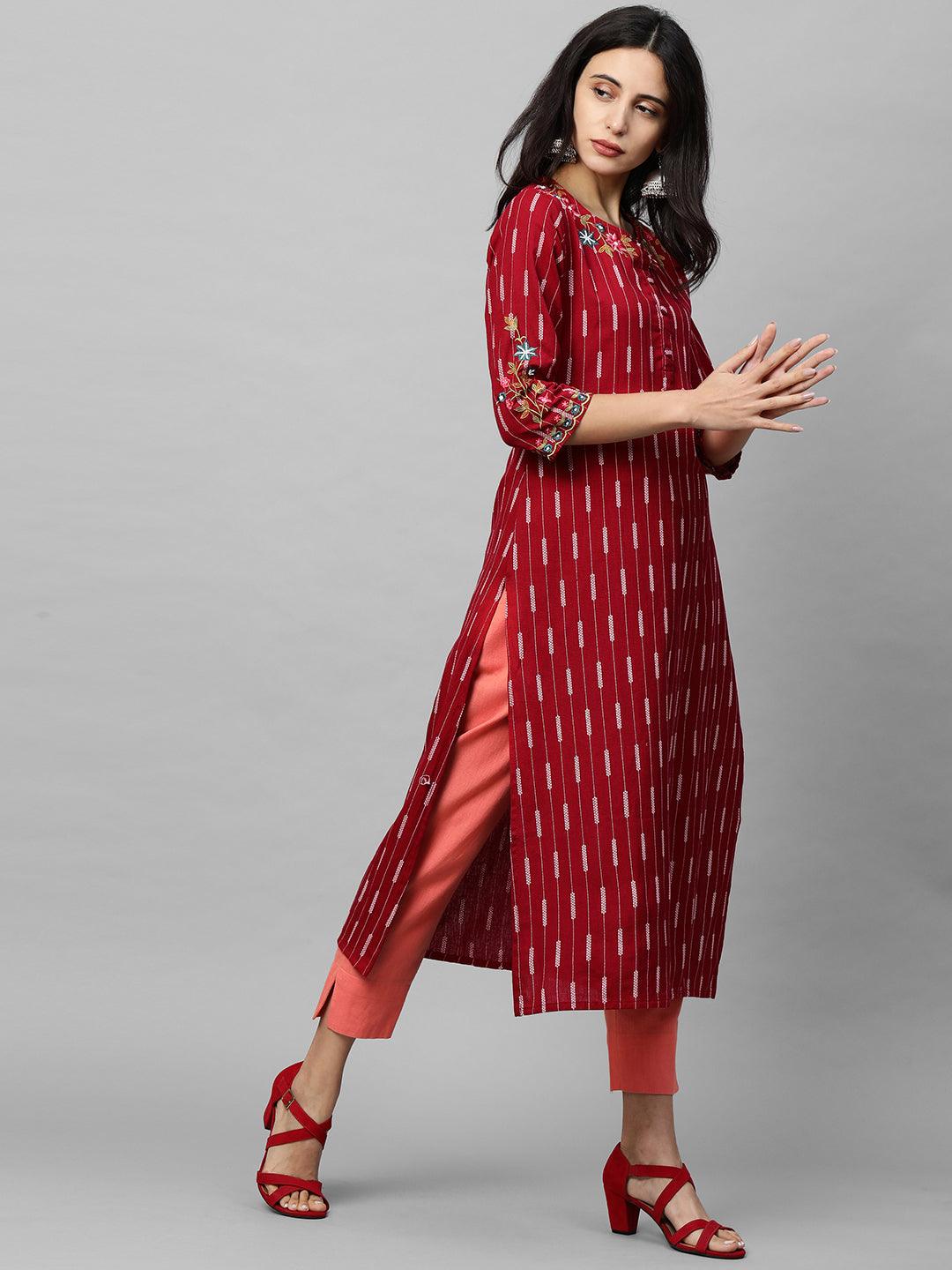 Ethnic Printed & Floral Embroidered Straight Kurta - Maroon - Indiakreations