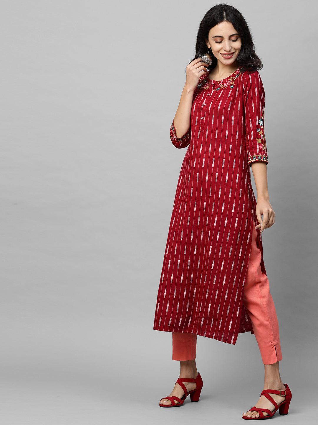 Ethnic Printed & Floral Embroidered Straight Kurta - Maroon - Indiakreations