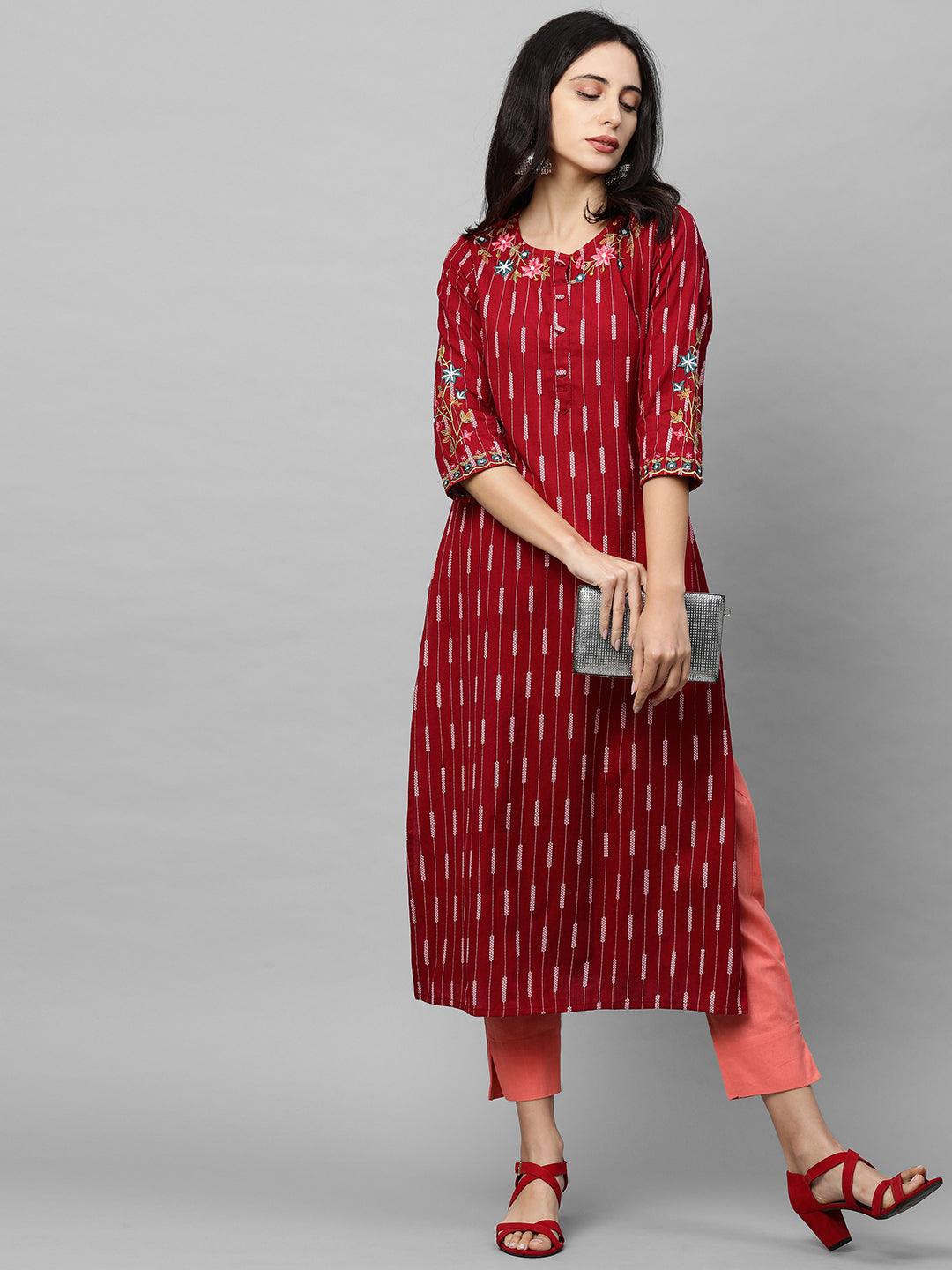 Ethnic Printed & Floral Embroidered Straight Kurta - Maroon - Indiakreations