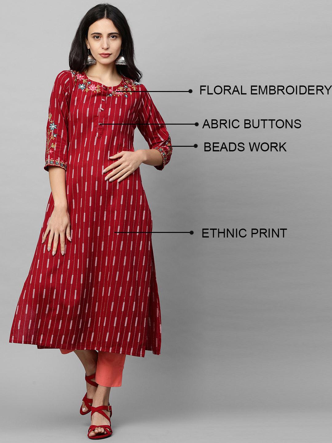 Ethnic Printed & Floral Embroidered Straight Kurta - Maroon - Indiakreations