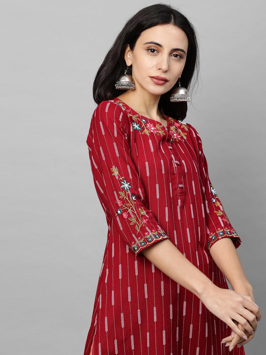 Ethnic Printed & Floral Embroidered Straight Kurta - Maroon - Indiakreations