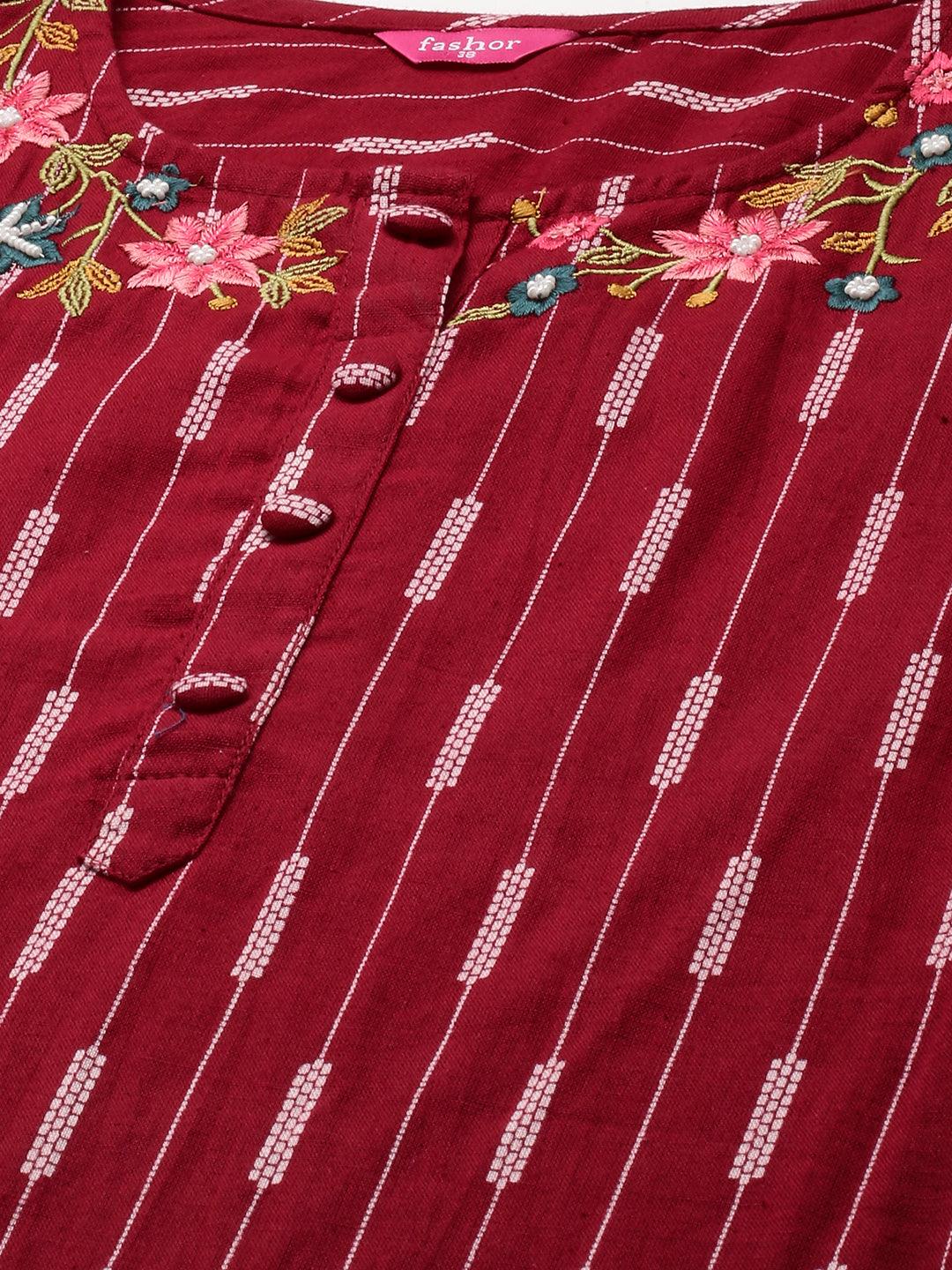 Ethnic Printed & Floral Embroidered Straight Kurta - Maroon - Indiakreations