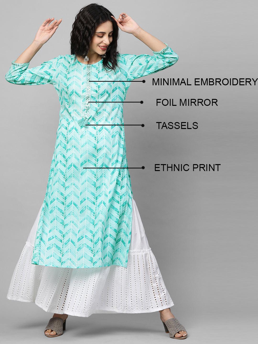 Ethnic Printed & Embroidered Straight Kurta - Sea Green - Indiakreations