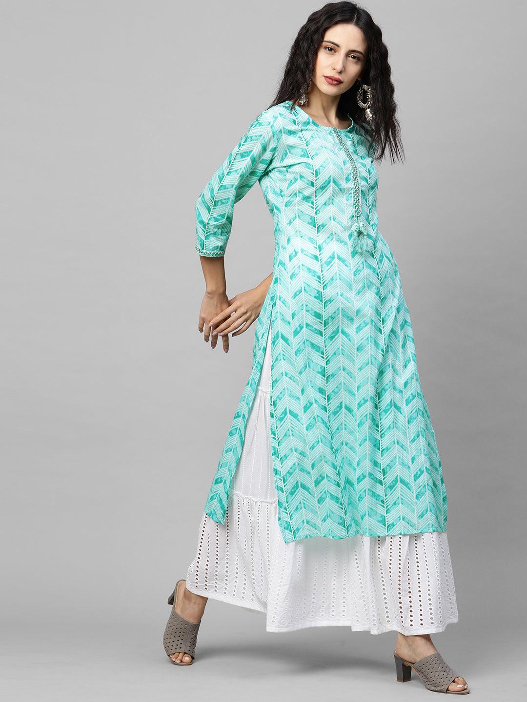 Ethnic Printed & Embroidered Straight Kurta - Sea Green - Indiakreations