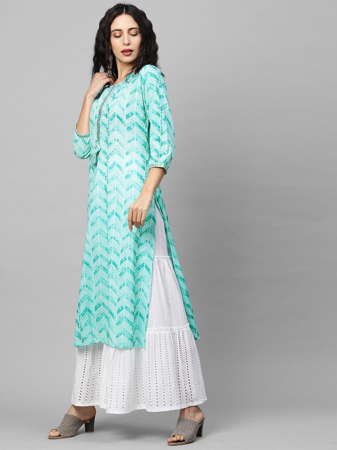 Ethnic Printed & Embroidered Straight Kurta - Sea Green - Indiakreations