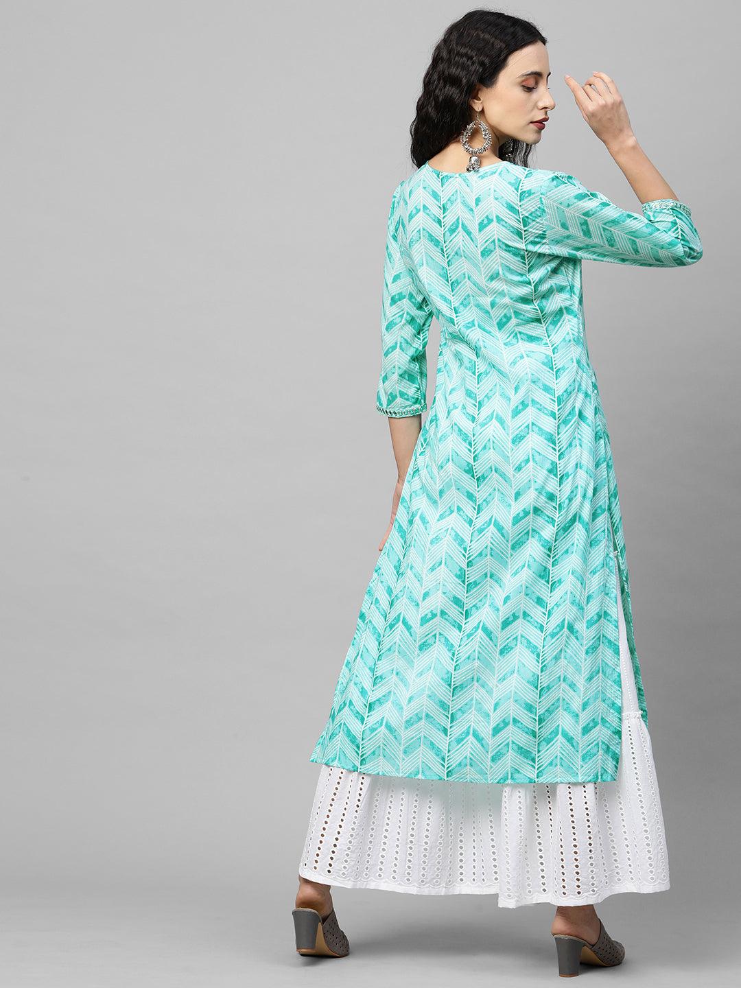 Ethnic Printed & Embroidered Straight Kurta - Sea Green - Indiakreations