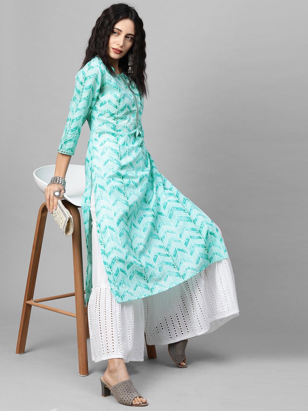 Ethnic Printed & Embroidered Straight Kurta - Sea Green - Indiakreations