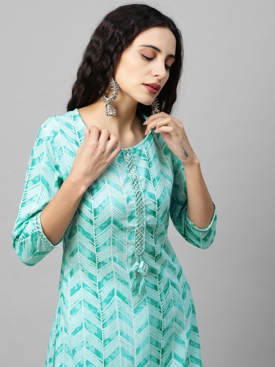 Ethnic Printed & Embroidered Straight Kurta - Sea Green - Indiakreations